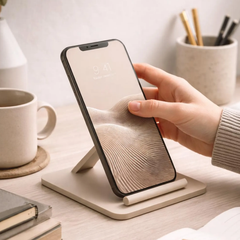 Sleek Geometric Smartphone Support Dock, Neutral Tone Device Holder For Bedside Surfaces And Work Desktops