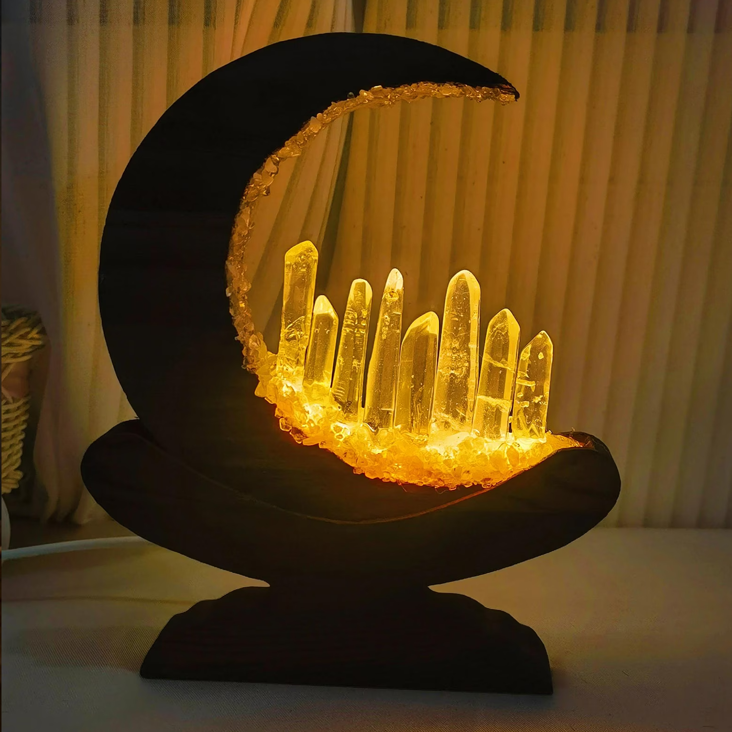 Crescent Moon Crystal Accent Lamp, Enchanted LED Ambient Table Light For Bedroom Shelves And Bohemian Interior Styling