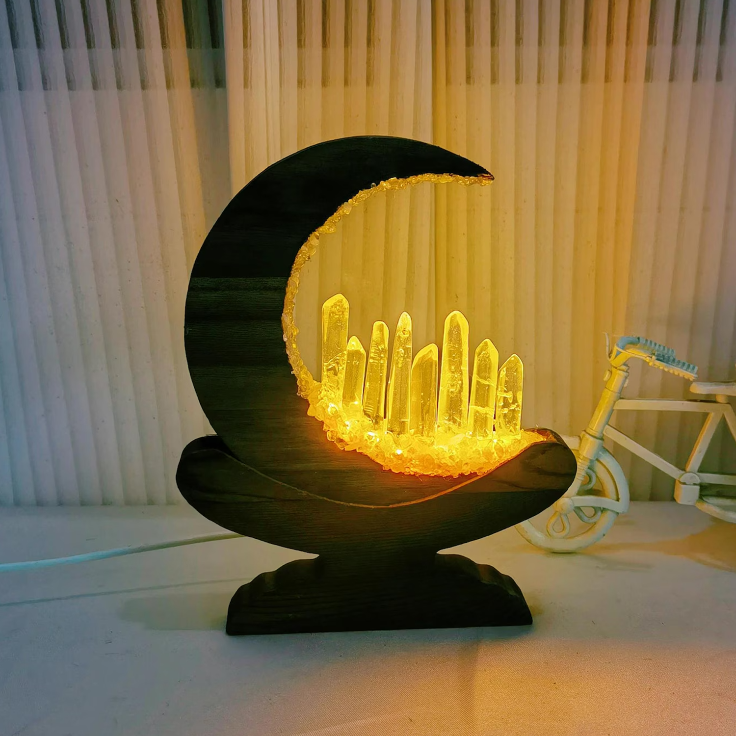 Crescent Moon Crystal Accent Lamp, Enchanted LED Ambient Table Light For Bedroom Shelves And Bohemian Interior Styling